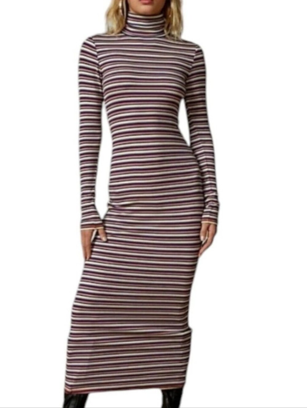 403-BDG URBAN OUTFITTERS Striped Long Sleeve Turtleneck Maxi Dress - Multi